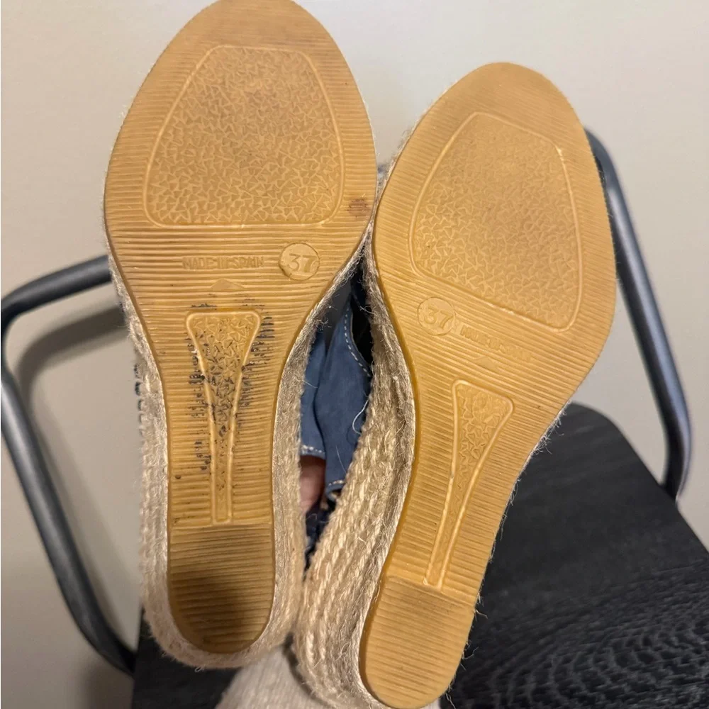 Kanna Spain Blue Leather Espadrille Wedge Sandals EU 37 US 6.5 Peep Toe